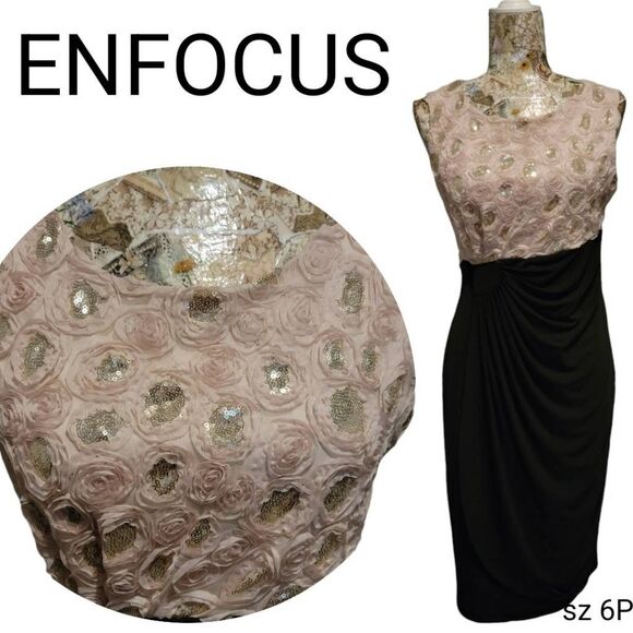 Cocktail Evening Blush Rosettes & Sequins Black Gathered Side Stretchy Dress - Picture 3 of 11